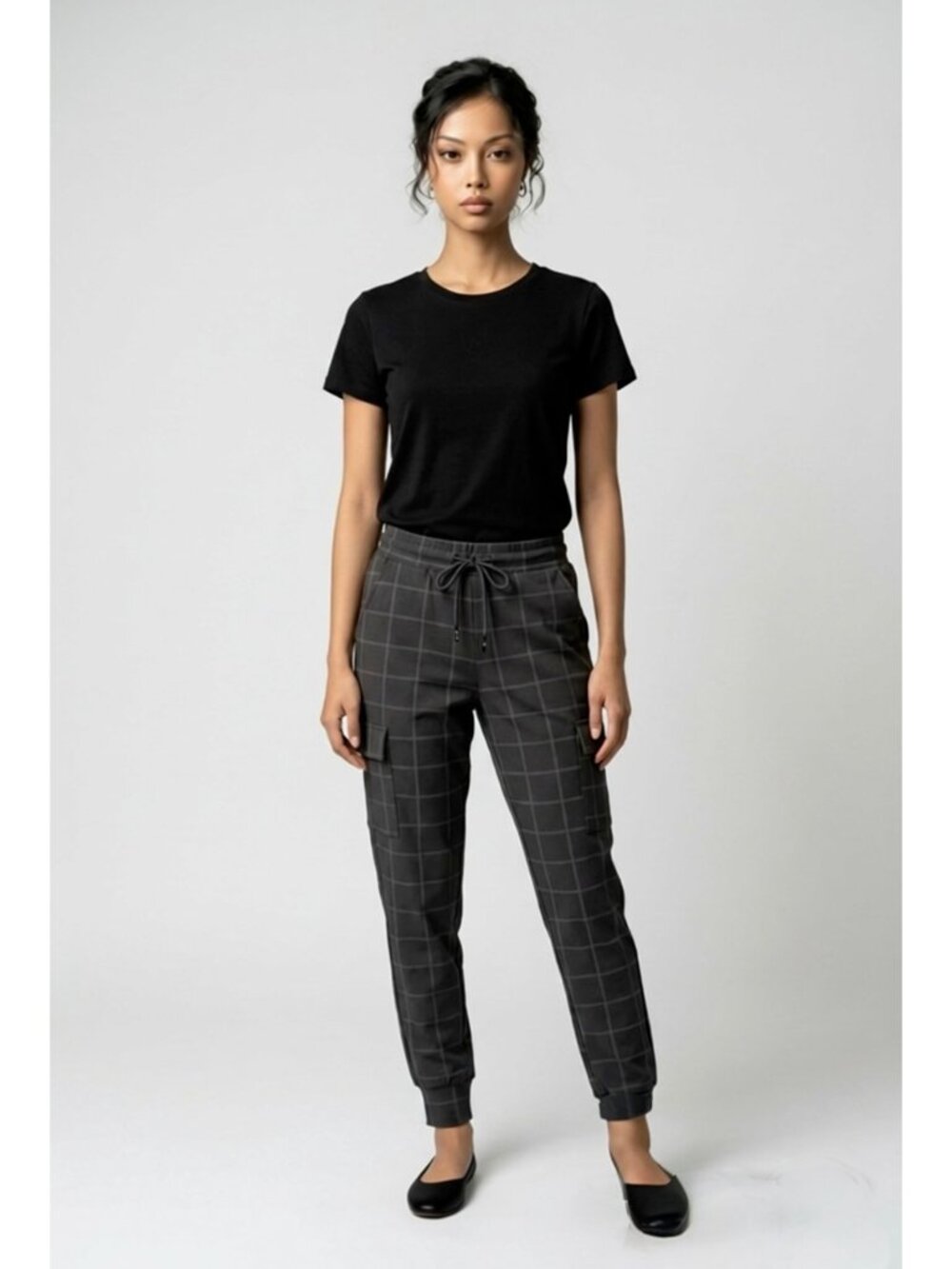 NEW Hype Black Plaid Cargo Jogger Pants Drawstring Waist Women's Medium M